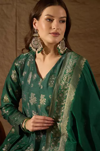Women’s green poly chanderi floral self-design gown with trouser & dupatta | elegant ethnic party wear set
