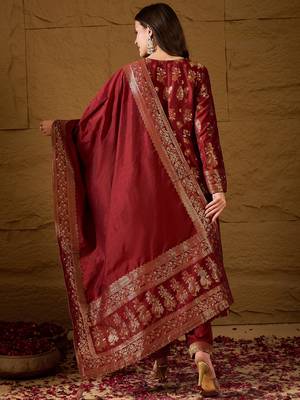 Women’s maroon poly chanderi floral self-design gown with trouser & dupatta | elegant ethnic party wear set 4