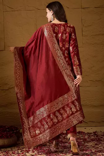 Women’s maroon poly chanderi floral self-design gown with trouser & dupatta | elegant ethnic party wear set