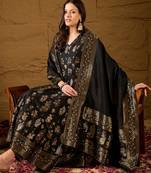 Women’s black poly chanderi floral self-design gown with trouser & dupatta | elegant ethnic party wear set