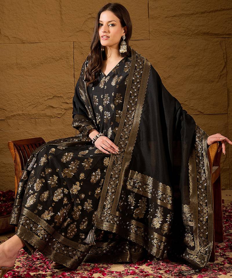 Women’s black poly chanderi floral self-design gown with trouser & dupatta | elegant ethnic party wear set