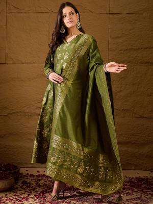 Women’s green poly chanderi floral self-design gown with trouser & dupatta | elegant ethnic party wear set 3