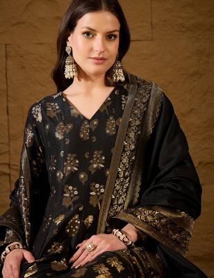 Women’s black poly chanderi floral self-design gown with trouser & dupatta | elegant ethnic party wear set 2