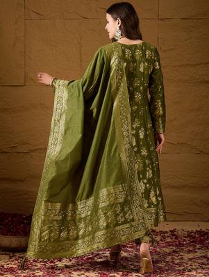 Women’s green poly chanderi floral self-design gown with trouser & dupatta | elegant ethnic party wear set 4