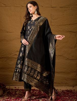 Women’s black poly chanderi floral self-design gown with trouser & dupatta | elegant ethnic party wear set 3