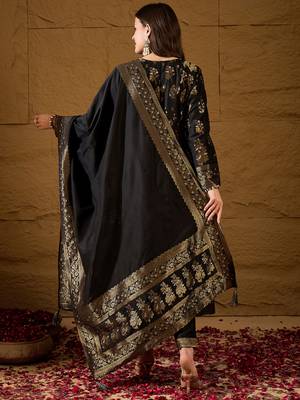 Women’s black poly chanderi floral self-design gown with trouser & dupatta | elegant ethnic party wear set 4