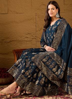 Women’s navy blue poly chanderi floral self-design gown with trouser & dupatta | elegant ethnic party wear set 1
