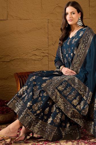 Women’s navy blue poly chanderi floral self-design gown with trouser & dupatta | elegant ethnic party wear set