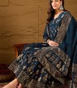 Women’s navy blue poly chanderi floral self-design gown with trouser & dupatta | elegant ethnic party wear set