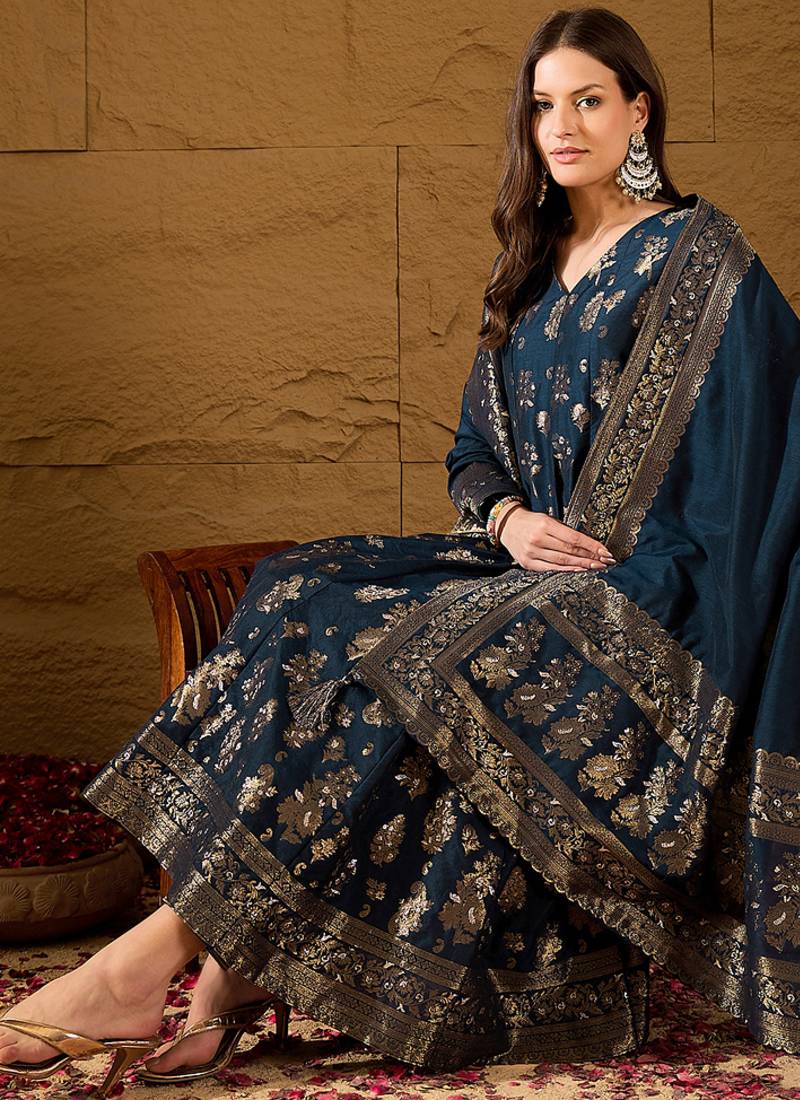 Women’s navy blue poly chanderi floral self-design gown with trouser & dupatta | elegant ethnic party wear set