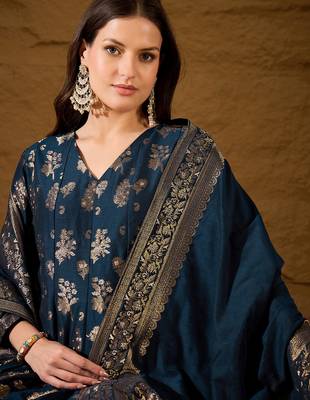 Women’s navy blue poly chanderi floral self-design gown with trouser & dupatta | elegant ethnic party wear set 2