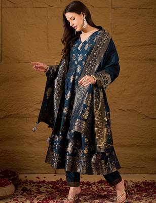 Women’s navy blue poly chanderi floral self-design gown with trouser & dupatta | elegant ethnic party wear set 3