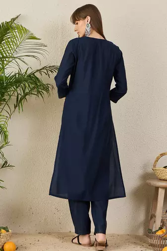 Navy blue embroidered silk kurta trouser set