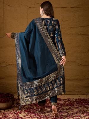 Women’s navy blue poly chanderi floral self-design gown with trouser & dupatta | elegant ethnic party wear set 4