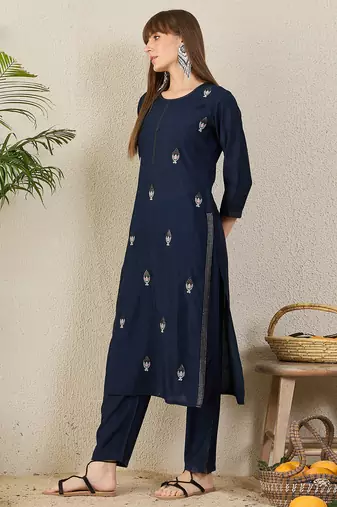 Navy blue embroidered silk kurta trouser set