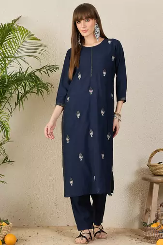 Navy blue embroidered silk kurta trouser set
