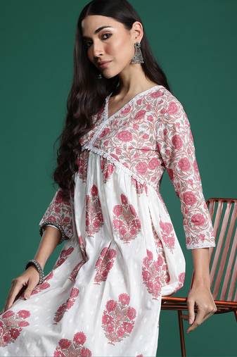 White printed pure cotton kurta trouser set