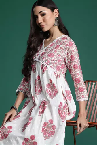 White printed pure cotton kurta trouser set