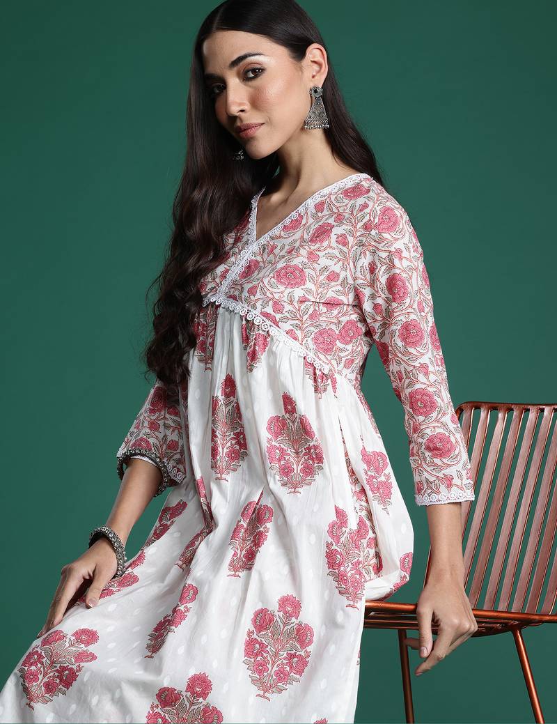 White printed pure cotton kurta trouser set