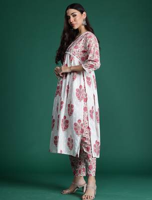 White printed pure cotton kurta trouser set 2