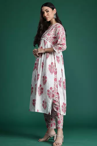 White printed pure cotton kurta trouser set