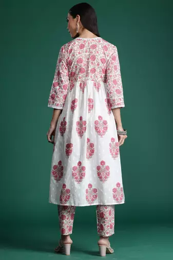 White printed pure cotton kurta trouser set
