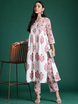 White printed pure cotton kurta trouser set 4