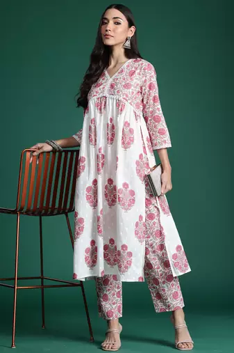 White printed pure cotton kurta trouser set