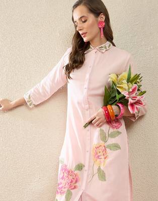 Pink embroidered pure cotton kurta trouser set 1
