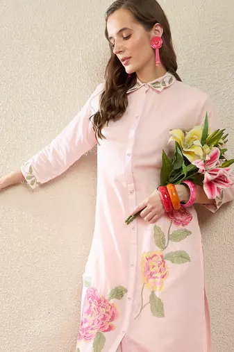 Pink embroidered pure cotton kurta trouser set