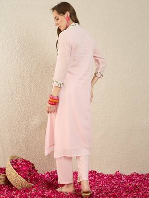 Pink embroidered pure cotton kurta trouser set 2