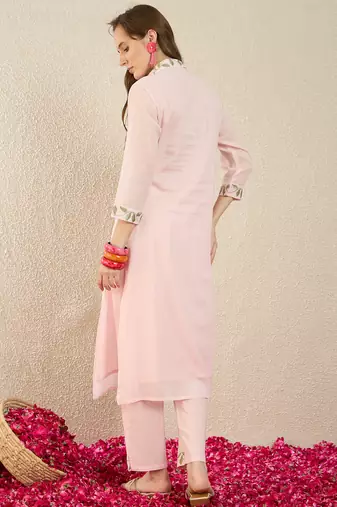 Pink embroidered pure cotton kurta trouser set