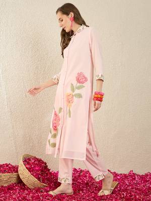 Pink embroidered pure cotton kurta trouser set 3