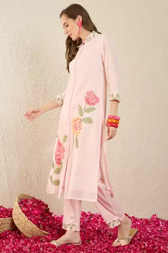 Pink embroidered pure cotton kurta trouser set