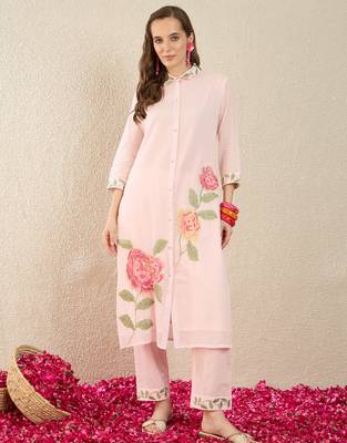 Pink embroidered pure cotton kurta trouser set 4