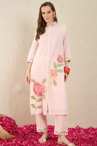 Pink embroidered pure cotton kurta trouser set