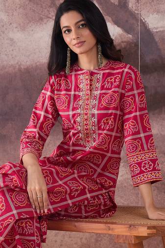 Pink embroidered pure cotton kurta trouser set