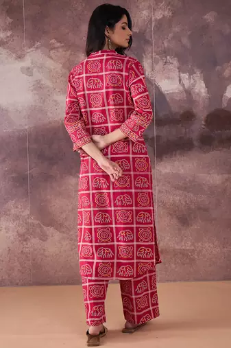 Pink embroidered pure cotton kurta trouser set