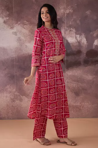 Pink embroidered pure cotton kurta trouser set