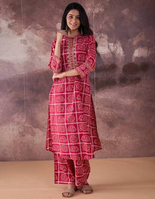 Pink embroidered pure cotton kurta trouser set 1
