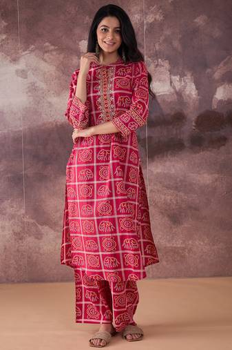 Pink embroidered pure cotton kurta trouser set