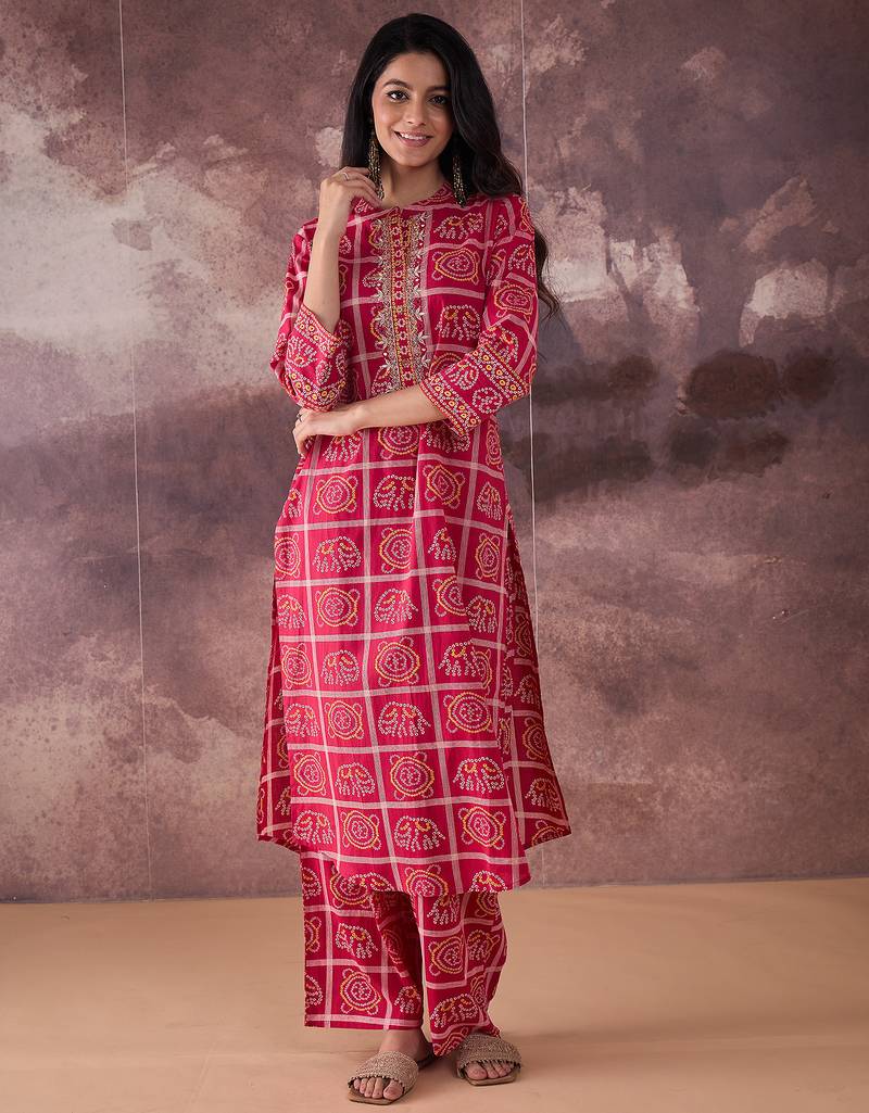 Pink embroidered pure cotton kurta trouser set