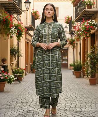 Green printed pure cotton kurta trouser set 1