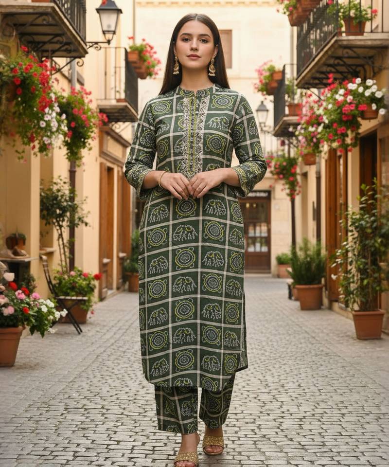 Green printed pure cotton kurta trouser set