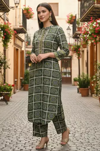 Green printed pure cotton kurta trouser set