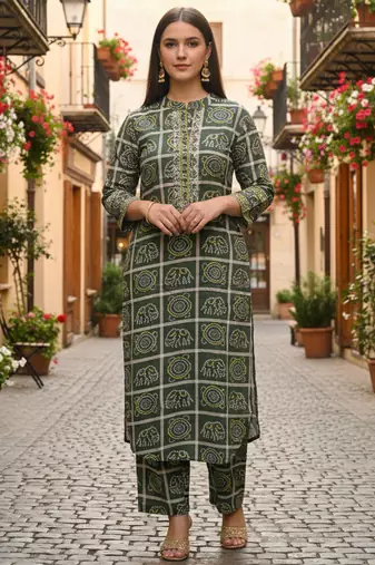 Green printed pure cotton kurta trouser set