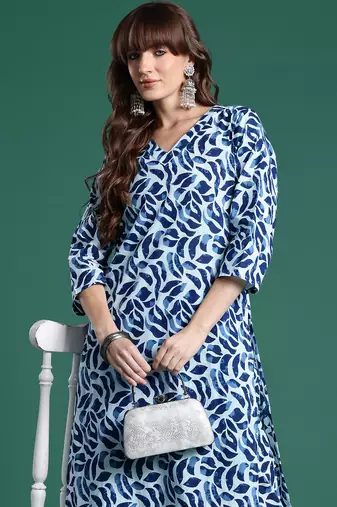 Blue printed pure cotton kurta trouser set
