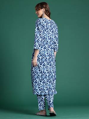Blue printed pure cotton kurta trouser set 3
