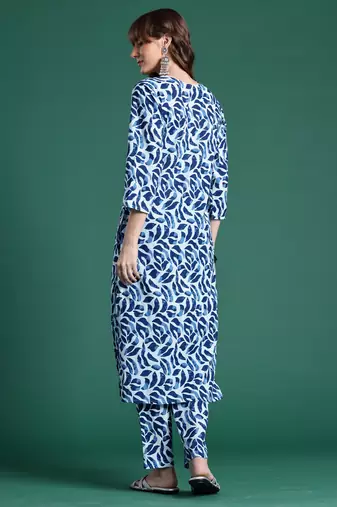Blue printed pure cotton kurta trouser set