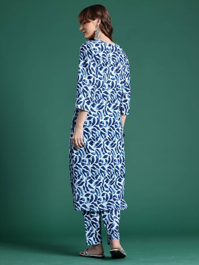 Blue printed pure cotton kurta trouser set